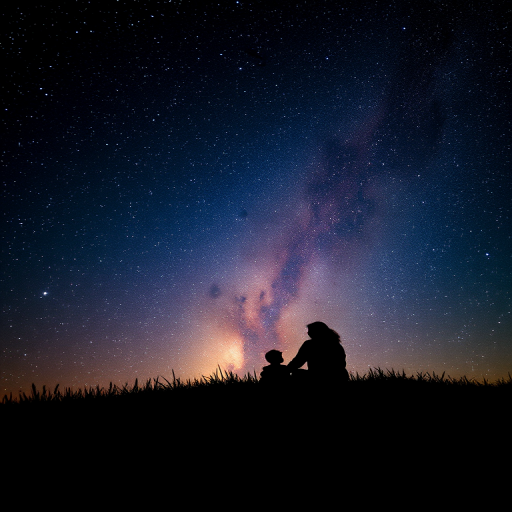 Create a scene depicting a silhouette of a parent and child sitting on a hill under a starry sky filled with a galaxy of stars, using a Canon EOS R5, 50mm lens, f/1.8 aperture, ISO 800, with a soft focus on the foreground, capturing a serene and whimsical atmosphere.
