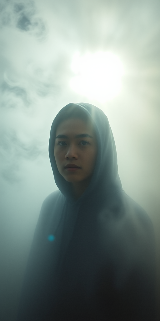Create an ethereal portrait of a person in a hoodie surrounded by swirling mist and fog, capturing sunlight filtering through, using a Canon EOS R5 with a 50mm f/1.2 lens at ISO 100, shutter speed 1/200s, aperture f/1.2, in soft focus with a cinematic style.