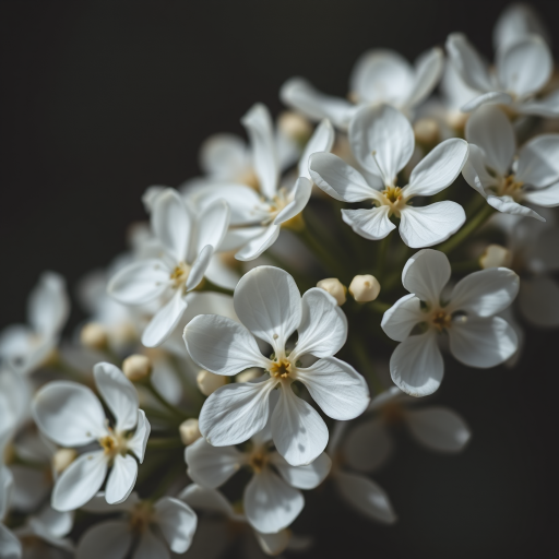 Close-up shot of blooming white flowers on a dark background, using a DSLR camera with a 50mm lens, aperture set to f/2.8 for shallow depth of field, ISO 100 for crisp detail, and a shutter speed of 1/200s to capture fine textures.