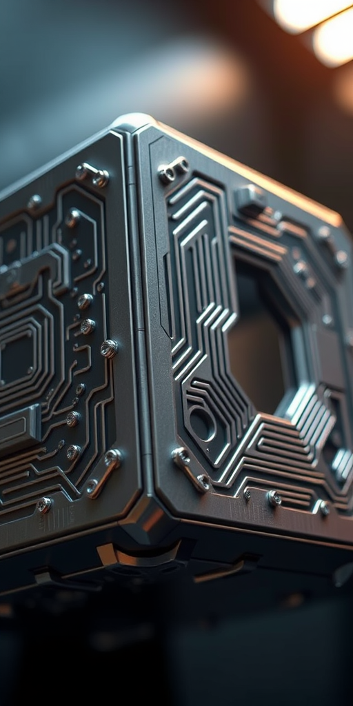 futuristic metallic cube with intricate circuit patterns, soft studio lighting, 35mm lens, aperture f/2.8, ISO 100, low angle view, DSLR style