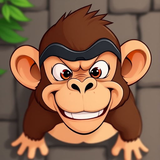 Generate a high-resolution image of a cartoon monkey with a mischievous expression and a black mask, using a Canon EOS 5D Mark IV, aperture f/8, ISO 100, 50mm lens, top-down view, in vector art style.