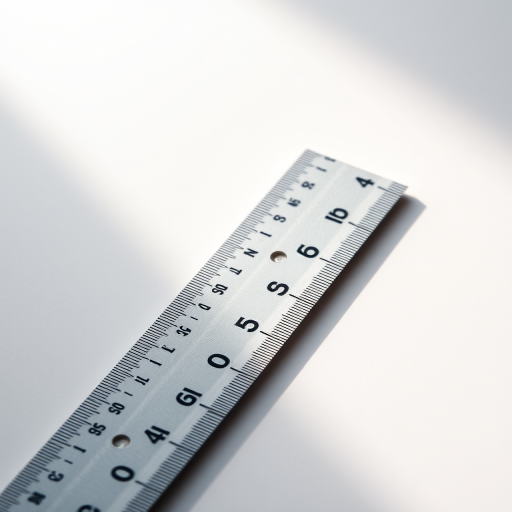 Create a high-resolution image of a straight ruler lying flat on a surface with soft lighting, using a DSLR camera set to f/8 aperture, ISO 100, 1/125 shutter speed, taken from a top-down view with a macro lens to enhance details.