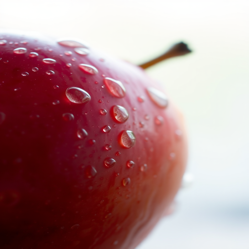 Macro shot of a freshly washed apple with water droplets glistening on its surface, soft focus background, aperture f/2.8, shutter speed 1/200s, ISO 100, 50mm lens, natural lighting.