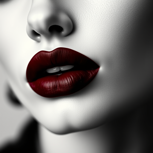 Luxurious deep wine lips with a velvet matte finish, exuding sophistication and allure, captured in a vintage-inspired black and white portrait