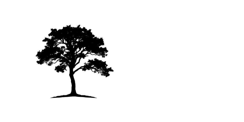 Generate a high-resolution minimalist black and white logo featuring a tree silhouette against a plain background, captured with a DSLR camera at f/2.8, ISO 100, 50mm lens, with a shallow depth of field and soft natural lighting.
