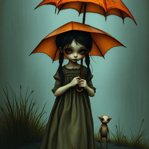 An eerie, weird little girl with dark hair in thin pigtails, wearing a smock dress, standing in the rain, holding a dirty orange umbrella, a small, odd creature beside her. In a surreal style inspired by Nicoletta Ceccoli and Brian Froud. Dark fantasy themes