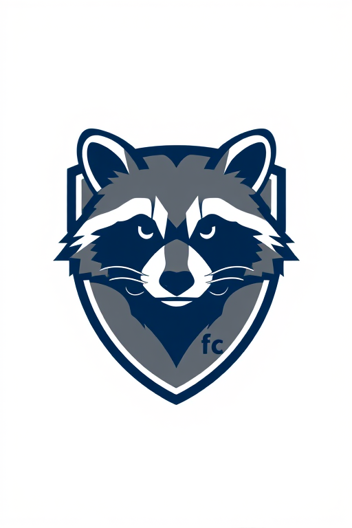 Create a high-resolution image of a shield logo featuring a stylized raccoon head, incorporating dark blue and gray colors, with the text "mapaches" at the top and "fc" at the bottom, shot with a DSLR camera, using a 50mm lens, aperture f/2.8, ISO 100, and a clean white background for better contrast and clarity.