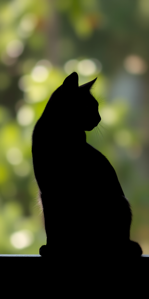 Create a high-resolution image of a stylized black silhouette of a cat sitting elegantly, using a Canon EOS R5 camera with a 50mm f/1.2 lens, aperture set to f/2.8, ISO at 100, shot in soft natural light, with a shallow depth of field for a smooth bokeh background.