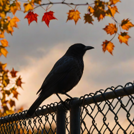 a silhouette of a black bird perched on a chain-link fence surrounded by autumn leaves in warm shades of orange and yellow against a cloudy sky