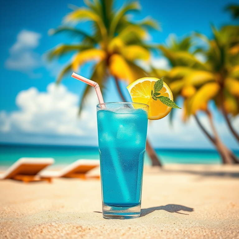 A tropical beach scene featuring a "Blue Hawaii" cocktail recipe illustrated artistically, with palm trees in the background, captured using a DSLR camera at f/8 aperture, ISO 100, 1/200 sec shutter speed, wide-angle lens, vibrant colors, and high dynamic range.