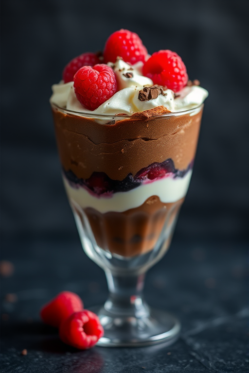 Create an ultra-realistic image of a beautifully layered dessert featuring chocolate, cream, and fresh raspberries in a clear glass cup with a textured dark background, using a Canon EOS R5, 50mm lens, f/2.8 aperture, ISO 100, and a shallow depth of field to focus on the dessert while softly blurring the background.