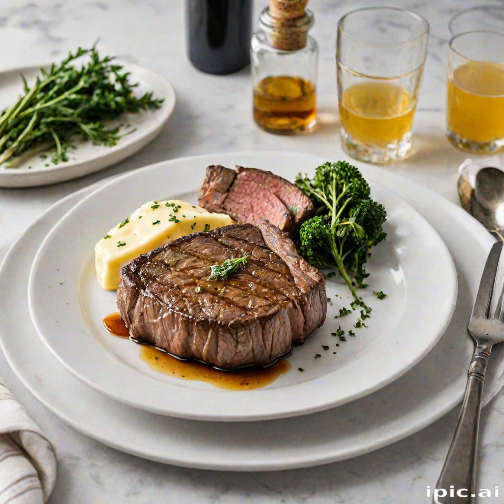 Create an image of a perfectly seared ribeye steak, resting on a white plate with a pat of melting butter on top. The steak is seasoned with fresh herbs like thyme and parsley, with glistening juices highlighting the texture of the meat. The background features a soft focus on a light, marble countertop, with a small dish of butter and an olive oil bottle in the distance. The overall mood should be warm and inviting, capturing the deliciousness and juiciness of the steak.