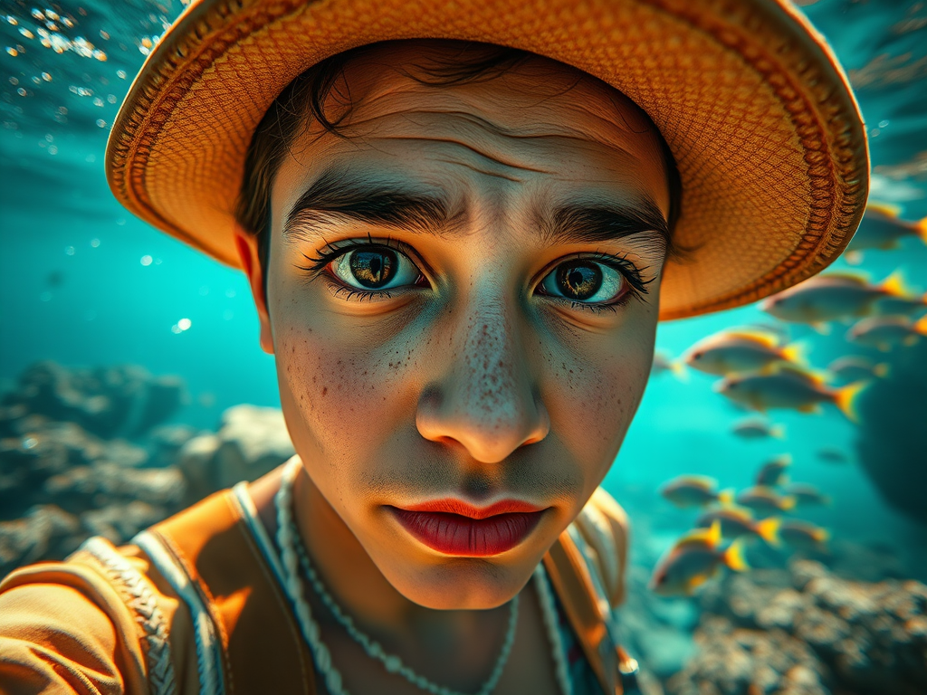 Realistic selfie image of a Hispanic, wearing a vintage outfit, detailed dreamy eyes, droopy hooded eyes, staring at the camera, taken underwater at coral reef with a sunbeam filtering through the water, vibrant, summer vacation, natural lighting, turtle and school of tropical fish with vibrant colors, rendered in the style of CryEngine, Pegi Nicol MacLeod, with realistic genre scenes, hauntingly beautiful narratives, ultra-realism, and Thomas Saliot's close-up technique, 8K resolution, crystal clear and sparkling water.