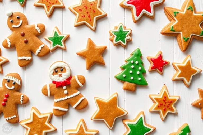 create a flat lay image of assorted decorated Christmas cookies including gingerbread men, Santa Claus, Christmas trees, and stars on a white wooden background, use a 50mm lens, aperture f/2.8 for shallow depth of field, ISO 100 for clarity, and natural soft lighting to enhance colors and details