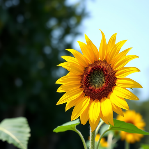 Create a vibrant illustration of a sunflower with bright yellow petals and a brown center, using a DSLR camera with a 50mm lens, f/2.8 aperture, ISO 100, soft natural lighting, shallow depth of field, and a slightly elevated angle to capture details.
