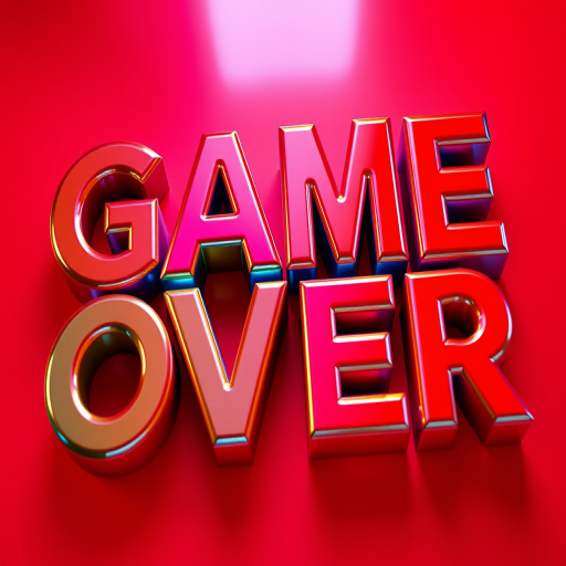 Create a vibrant digital artwork featuring the text "GAME OVER" in bold, colorful 3D letters with a glossy finish, using a Canon EOS R5 camera with a 50mm lens, f/1.8 aperture, 1/125 shutter speed, and ISO 100; capture the image from a slightly angled top-down view to highlight the depth and colors.