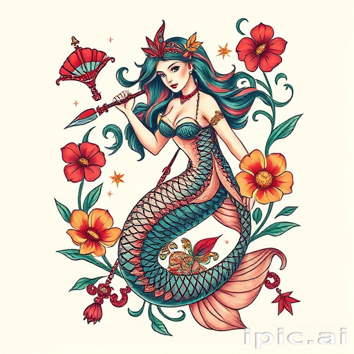 Neo-traditional mermaid tattoo with vivid colors and bold outlines, adorned with nautical elements and art deco-inspired ornamental details for a stunning vintage-inspired design