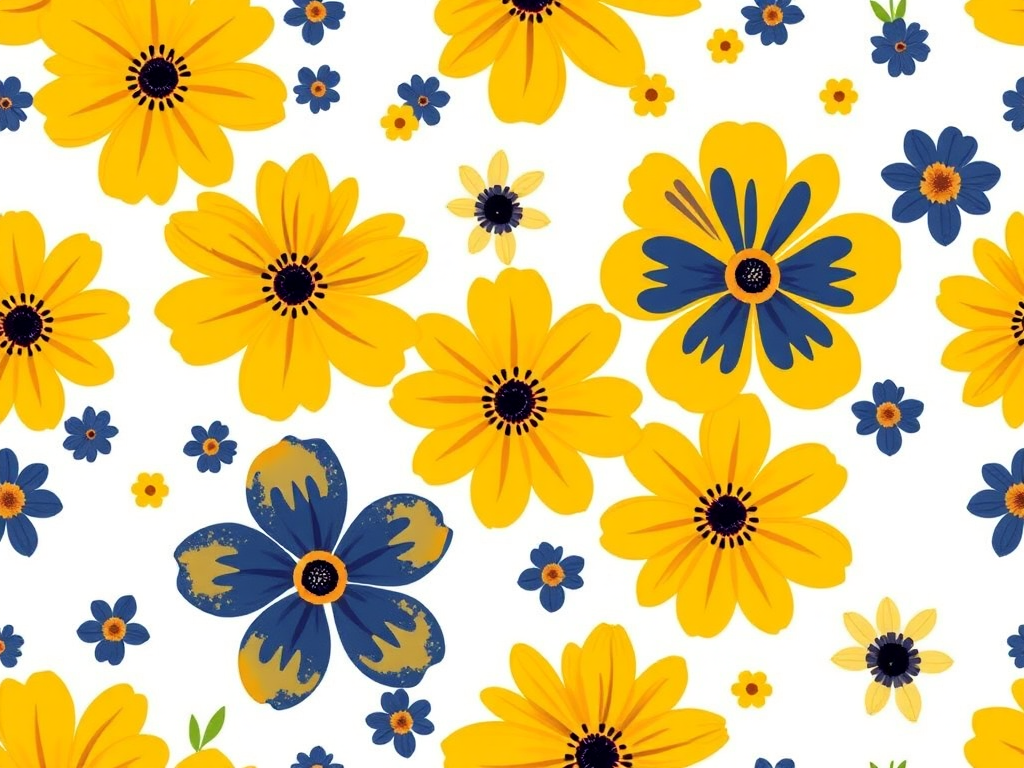 Create a seamless pattern of yellow and navy blue flowers with a flat design on a white background, shot with a DSLR camera at aperture f/8 for depth of field, ISO 100 for clarity, and a macro lens to focus on the details.