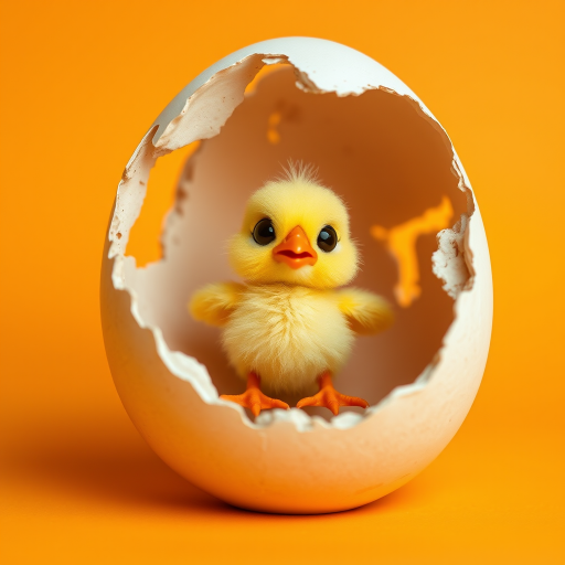 Create a cute cartoon chick emerging from a cracked eggshell against a soft orange background, using a DSLR camera with a 50mm lens, aperture f/2.8, ISO 100, natural daylight, and a shallow depth of field to enhance image quality.
