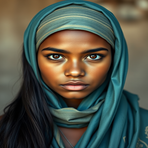 Create a portrait of a young Tahitian woman with long, dark hair and captivating hazel eyes. She is wearing a cyan headscarf and a matching scarf draped gracefully around her neck. The background is softly blurred, focusing attention on her serene and natural expression. The overall color palette is muted and warm, enhancing the intimate and authentic feel of the portrait.