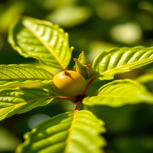 capture a close-up of a green leafy plant with young fruit using a DSLR camera at f/2.8 aperture, ISO 100, 50mm lens, natural light, shallow depth of field, and a soft bokeh background to enhance image quality