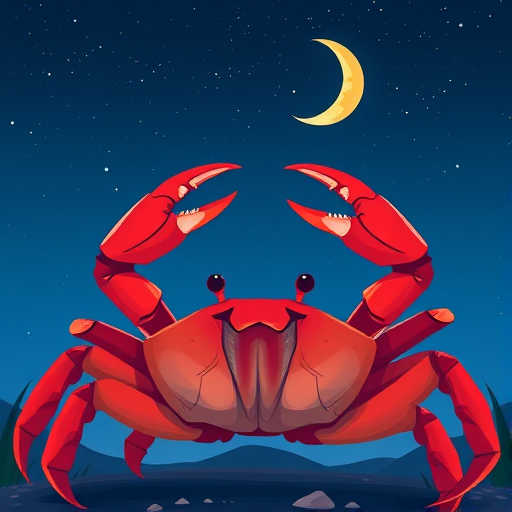 Create a vibrant illustration of a red crab against a blue night sky with a crescent moon and stars, using a Canon EOS R5 at f/8, ISO 100, 85mm lens and a dramatic low-angle view for enhanced detail and color depth.
