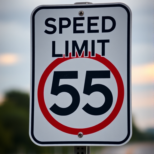 Create a high-resolution image of a speed limit sign showing "SPEED LIMIT 55" using a DSLR camera with a 50mm lens, aperture set to f/2.8, ISO 100, shutter speed 1/200s, taken from a 45-degree angle for depth and clarity against a blurred background.