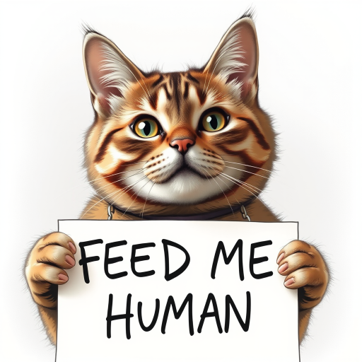 cat holding a note which says "FEED ME HUMAN"