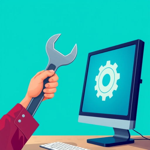 Create a digital illustration of a hand holding a wrench next to a computer monitor displaying a gear icon, set against a vivid turquoise background, captured with a Canon EOS R5, 50mm lens, f/2.8 aperture, ISO 100, soft lighting for enhanced clarity.