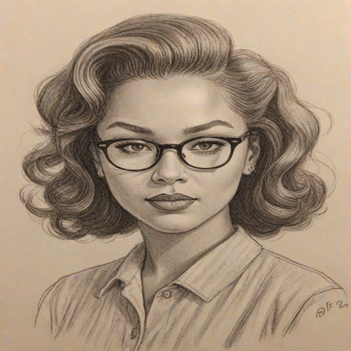 Bewitching Breonna Taylor, pencil sketch, portrait of Comely woman 1951s in glasses, hair style beatnik, outline, clear lines, fine lines, 8k