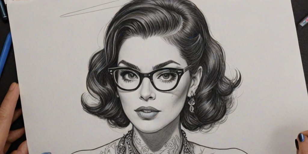 Gorgeous Kat Von D, pencil sketch, portrait of Fetching woman 1952s in glasses, hair style beatnik, outline, clear lines, fine lines, 8k