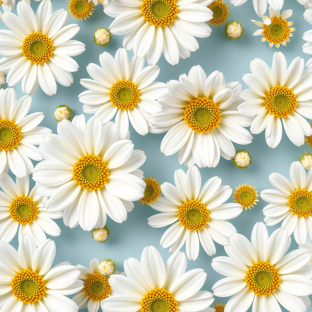 Create a seamless floral pattern featuring white flowers with yellow centers on a soft blue background, high-resolution with macro lens, f/2.8, ISO 100, shot from above using a DSLR camera, vibrant colors and clear details.