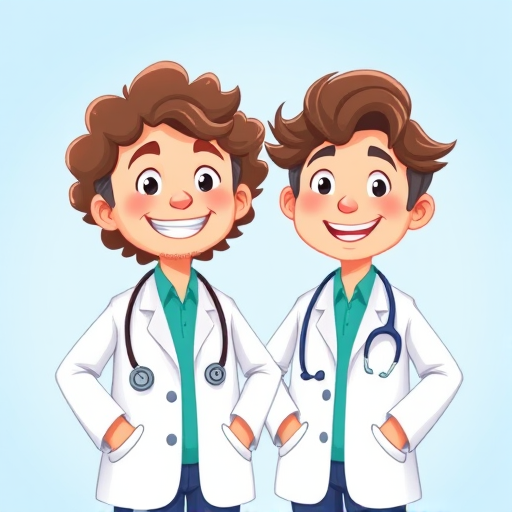 Generate a vibrant, cheerful illustration of two cartoon doctors, one with curly hair and the other with wavy hair, both wearing white lab coats and stethoscopes, set against a soft blue background, with a Canon EOS 5D Mark IV, f/2.8, 50mm lens, 1/200s shutter speed, ISO 100, using a bright and colorful style.