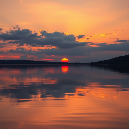 Create an image of a serene landscape with a sunset over a calm lake, using a DSLR camera with a 50mm lens, aperture f/1.8, ISO 100, shutter speed 1/125 seconds, in a wide-angle view to capture reflections in the water, with vibrant colors and high contrast for a dramatic effect.
