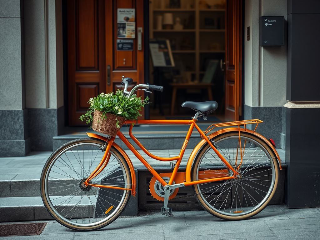 capture an urban scene featuring an orange bicycle with a basket filled with greenery leaning against a storefront with a wooden door, shoot with a Canon EOS R5 at f/2.8, ISO 100, 1/250s, using a wide-angle lens from a low angle for enhanced detail and depth