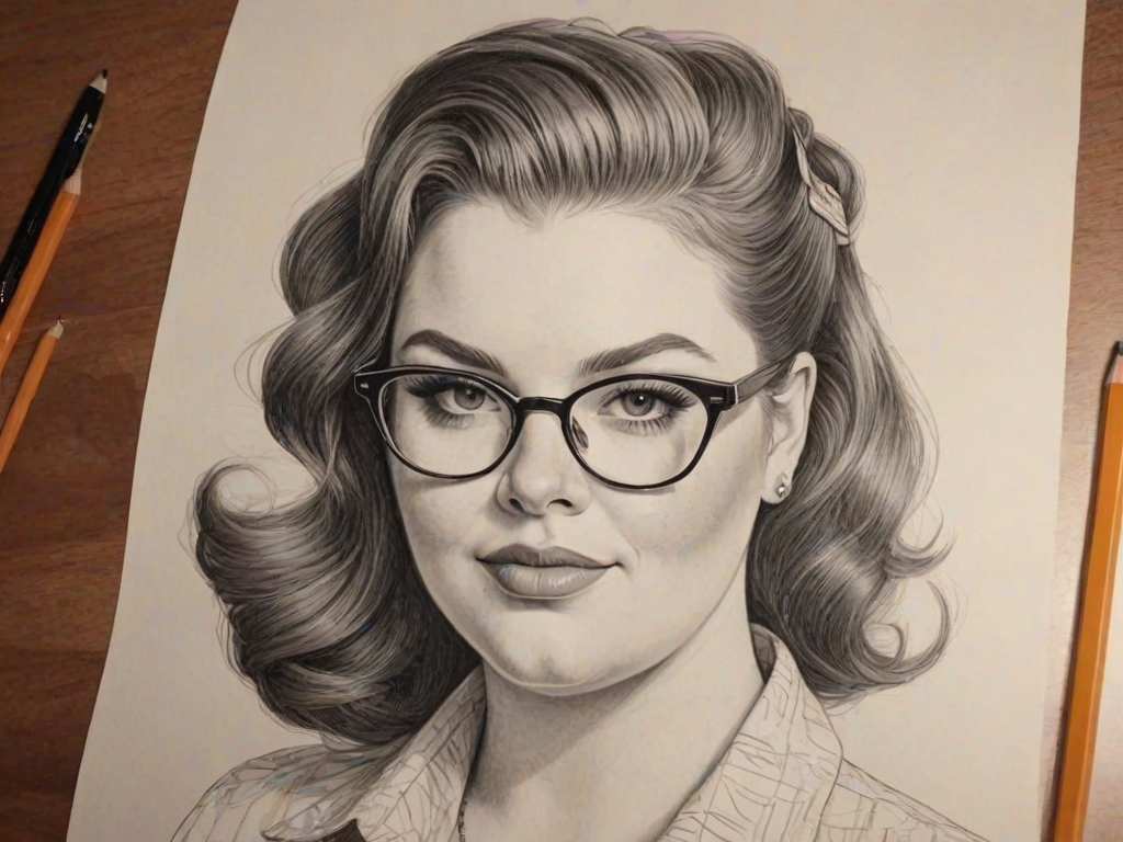 Lovely Tess Holliday, pencil sketch, portrait of Splendid woman 1970s in glasses, hair style beatnik, outline, clear lines, fine lines, 8k