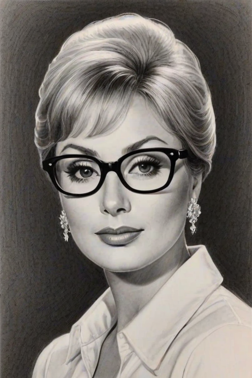 Ravishing Shirley Jones, pencil sketch, portrait of Stunning woman 1970s in glasses, hair style beatnik, outline, clear lines, fine lines, 8k