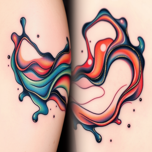 Contemporary abstract tattoo titled "Fluid Dynamics" featuring flowing organic shapes and color gradients reminiscent of liquid paint in motion with metallic ink accents