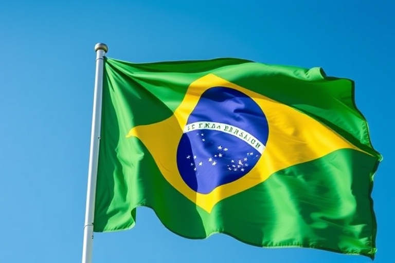Create a high-resolution image of the Brazilian flag with vibrant colors, using a DSLR camera with a 50mm lens, aperture set to f/2.8, ISO 100, and a bright daylight setting, capturing the flag waving gently in a clear blue sky.