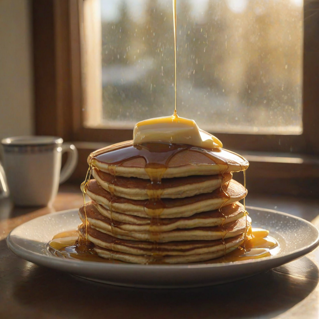 Warmly lit close-up of a plate of fresh pancakes, steam rising from the stack, with a pat of melting butter and syrup drizzling down the sides, and soft morning light from a window illuminating the scene.