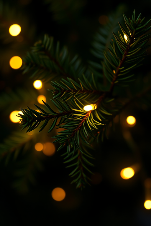 Close-up of evergreen branches with soft glowing fairy lights in a dark background creating a warm and cozy atmosphere.