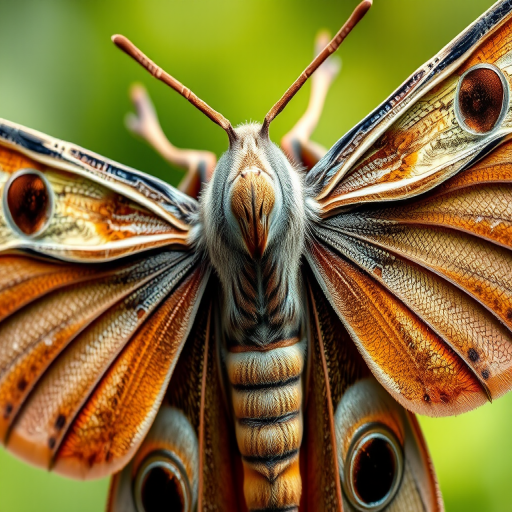 Create a high-resolution digital illustration of a hawk moth with detailed textures, using a macro lens at f/8 aperture, ISO 100, 1/200s shutter speed, top-down view, with a soft natural light background for enhanced colors and clarity.