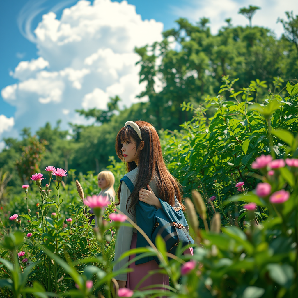Regenerate the image of a serene outdoor scene featuring two characters among lush greenery and swirling clouds, captured with a DSLR camera at f/2.8 aperture, ISO 100, 50mm lens, in soft focus to enhance the dreamy atmosphere and vibrant colors.