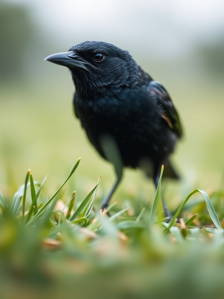 A detailed close-up of a blackbird standing on green grass, with a shallow depth of field, f/2.8 aperture, ISO 200, 1/1000 seconds, shot with a DSLR camera using a 70-200mm lens from a low angle to emphasize the bird's features and textures.