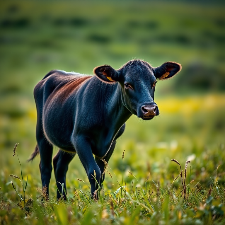 a black calf standing in a green meadow, soft natural lighting, shallow depth of field, ISO 200, f/2.8, 1/500 sec, DSLR, portrait orientation, high resolution, vivid colors