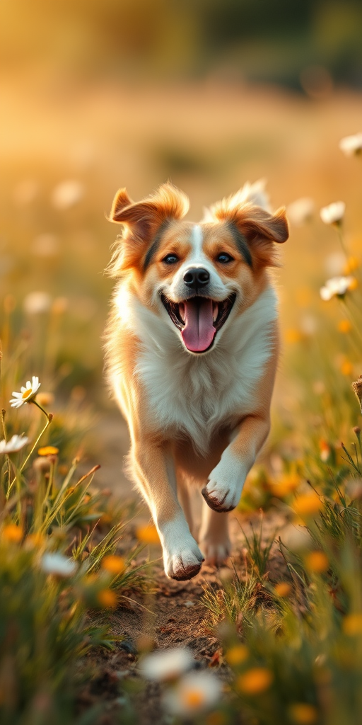 Blurry action shot of a dog joyfully running through a field, tongue out, with wildflowers surrounding it and soft sunlight casting a golden glow over the scene.