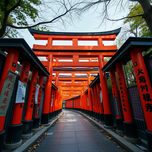 create a high-resolution image of a torii gate pathway with vibrant orange gates and intricate script, using a DSLR camera, 24mm lens, f/8 aperture, ISO 200, 1/125 sec shutter speed, low angle view with natural lighting to capture depth and detail in the surroundings