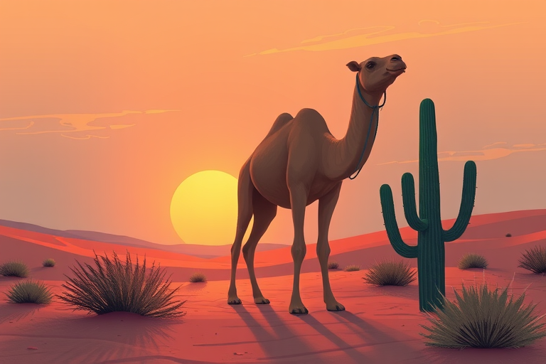 create a digital illustration of a camel in a desert landscape at sunset with a stylized cactus, using a wide-angle lens, f/8 aperture, ISO 100, 24mm focal length, and a soft pastel color palette for a serene atmosphere