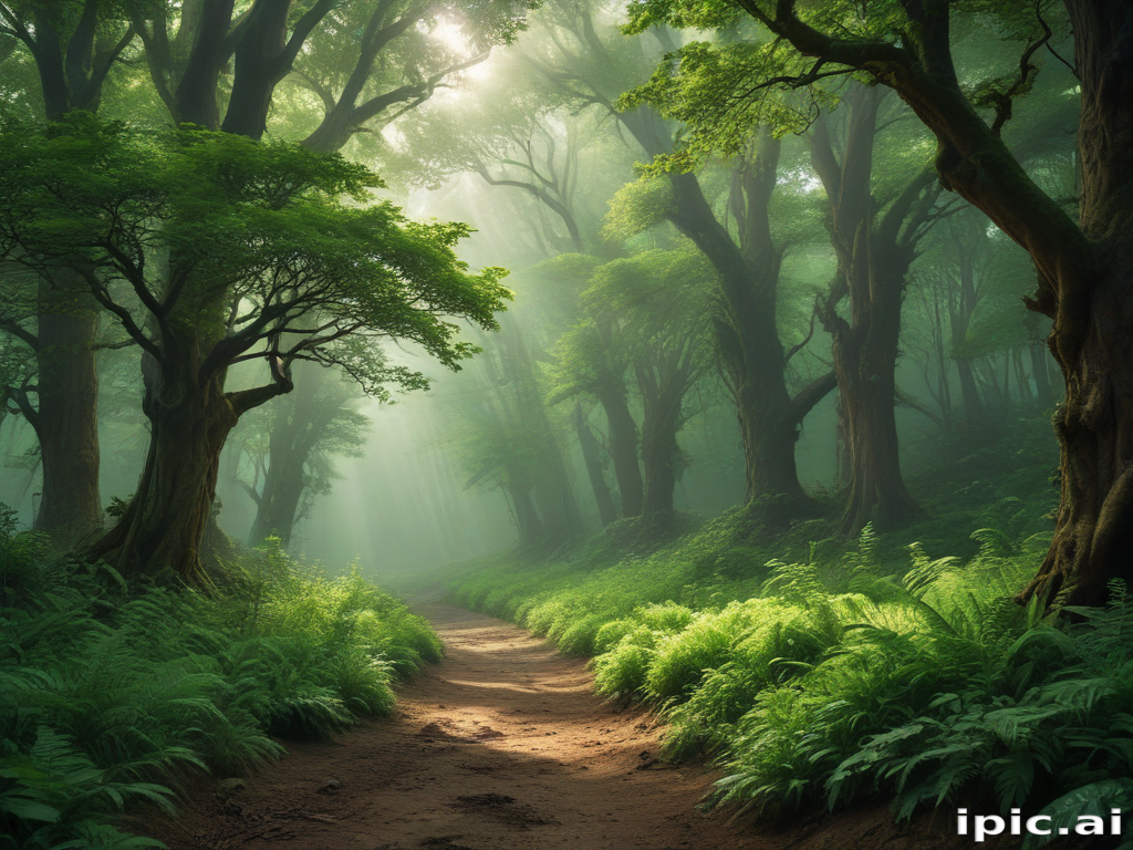 Enchanting Forest Path with Sunlight Filtering Through Lush Green Trees