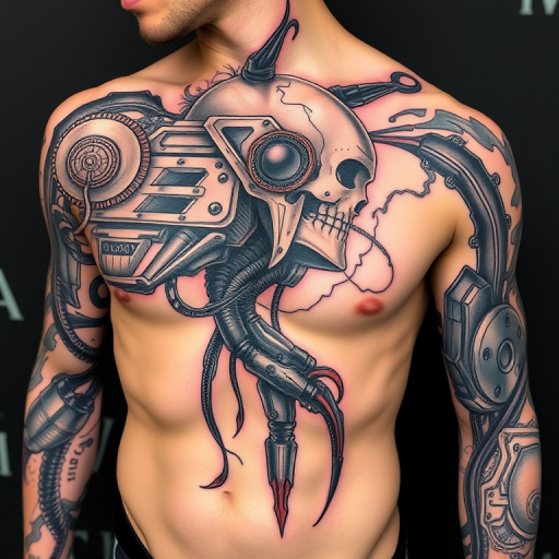 Biomechanical tattoo dubbed "Cyber Fusion" blending organic forms with mechanical elements to create the illusion of robotic parts seamlessly integrated with human anatomy